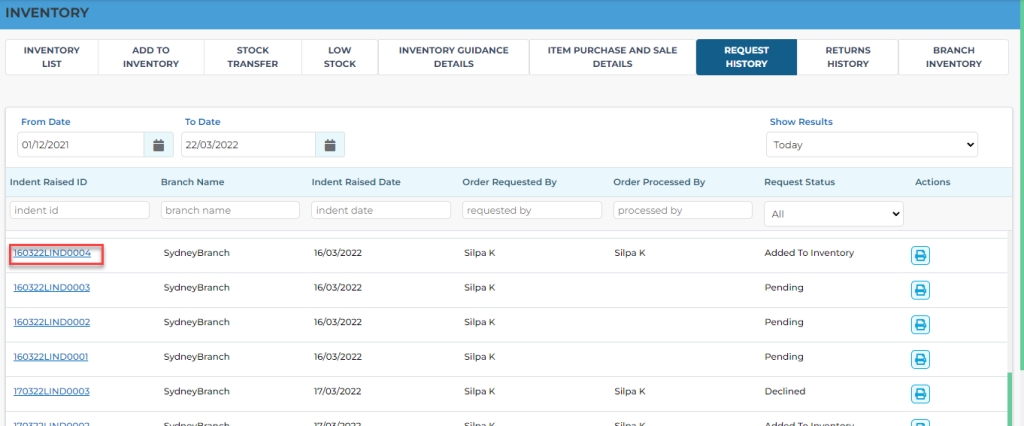 Warehouse Indent - Request History